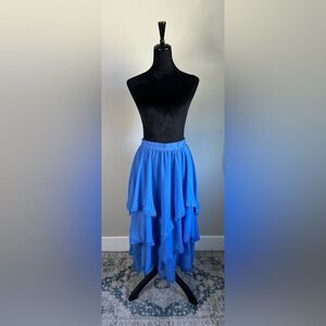 RustyDusty Women's Tiered Blue Chiffon Lace Trimmed Layered Midi Skirt Size M